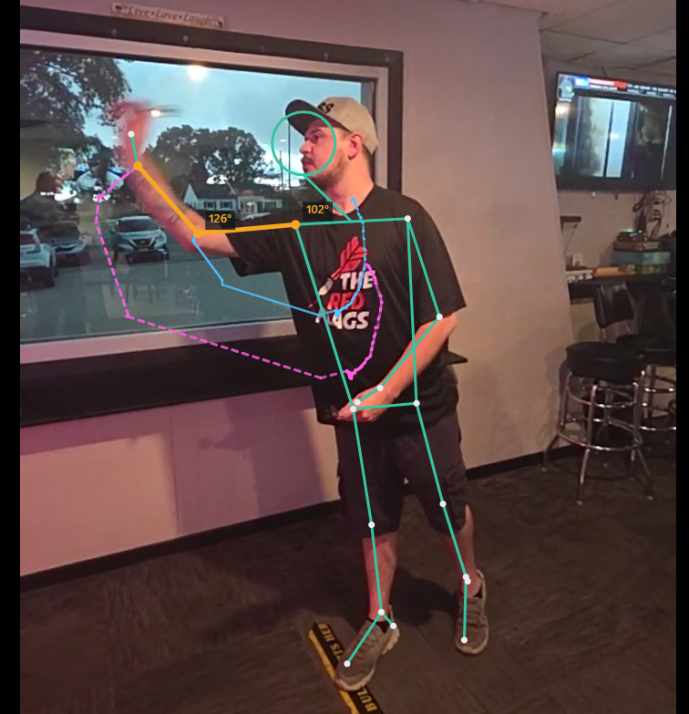 A player mid-throw with the skeleton overlay, wrist and elbow paths, and elbow and shoulder angles labeled on the frame.